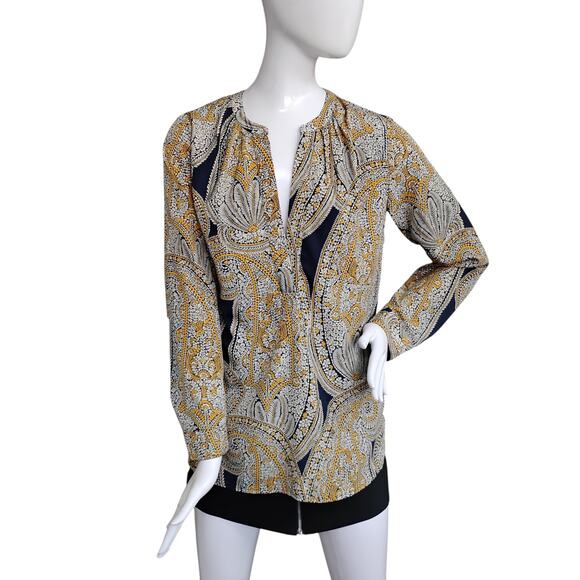 Ann Taylor Peasant Blouse Size Small Blue & Gold Paisley Giant Print Long Sleeve - Picture 1 of 5